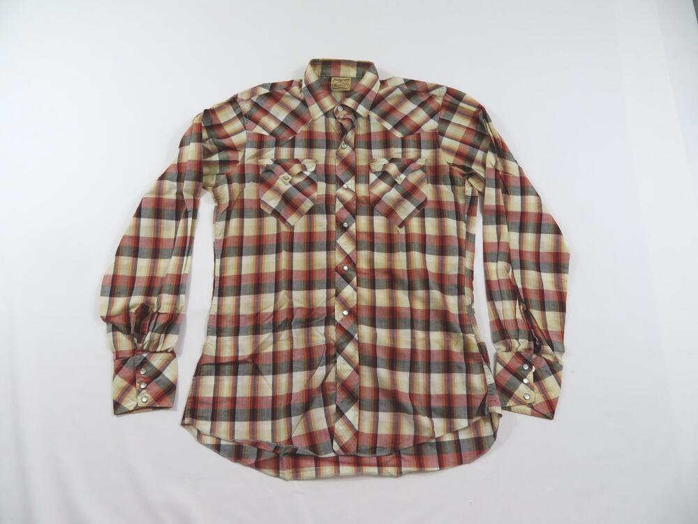 Pilgrim Westerner Pearl Snap Shirt Beige Black Rust Plaid Sz 15L 1950s/60s